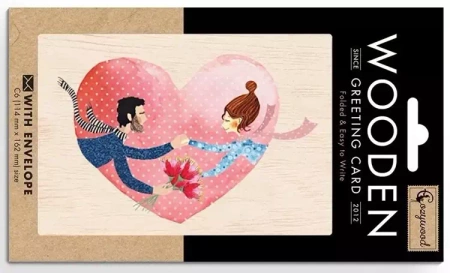 Karnet drewniany C6 + koperta Ślub bukiet i serce - Cozywood