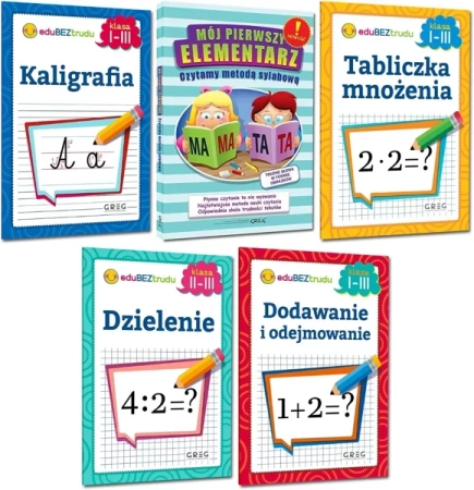 ZESTAW KSIĄŻECZEK Dodawanie odejmowanie mnożenie dzielenie kaligrafia GREG - Alicja Karczmarska-Strzebońska