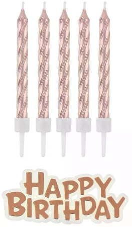 Świeczki urodzinowe z napisem Happy Birthday, różowe złoto