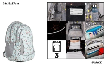 Plecak trzykomorowy Kotki szaro-miętowy 28x12x37cm - MP Main Paper