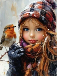 Diamentowa Mozaika Zima Dziewczynka z ptakiem NO-2003013 - Norimpex