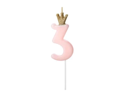 Świeczka urodzinowa 3 jasny różowy 9,5cm - PartyDeco