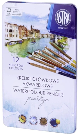 Kredki akwarelowe z drewna cedrowego prestige Astra w metalowym pudełku 12 kolorów - ASTRA art-pap