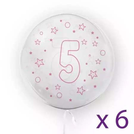 Balony z cyfrą "5" (6 sztuk), gwiazdki różowe