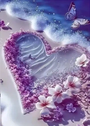 Diamentowa Mozaika Serce na wybrzeżu z kwiatami i motylami NO-2000596 - Norimpex