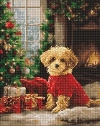 Diamentowa mozaika - Pudel przy choince 40x50cm - Ideyka