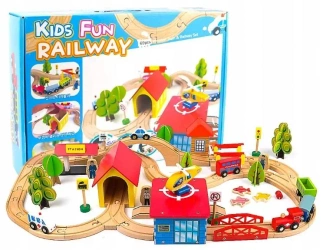 Drewniany tor kolejka Autka, helikopter, drzewa... - Leantoys