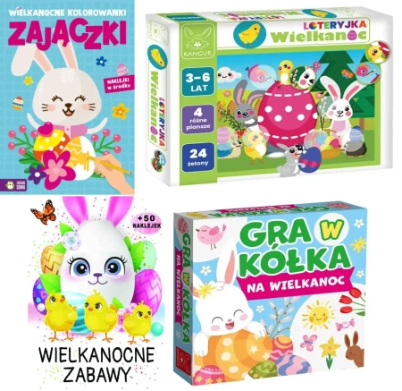 GOTOWA PACZKA WIELKANOCNA: Gra. Loteryjka, Kolorowanka, Książka + naklejki