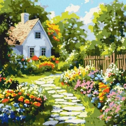 Malowanie po numerach - Kwiaty w pobliżu chaty - Ideyka