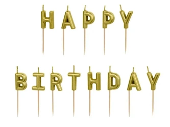 Świeczki urodzinowe Happy Birthday złoty 13szt - PartyDeco