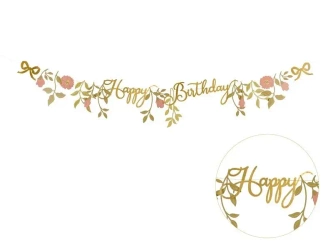Baner Happy Birthday kwiaty różowo złote 1.3m - PartyDeco