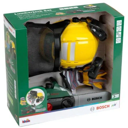 Bosch. Zestaw drwala z piłą łańcuchową, przyłbicą i rękawicami