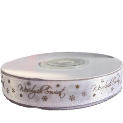 Wstążka satynowa Wesołych Świąt 12mm biała - Titanum