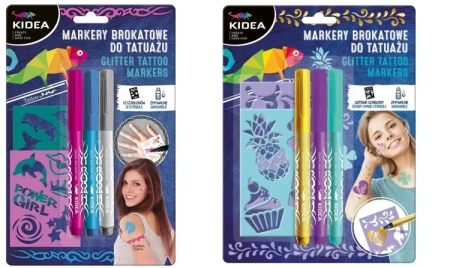 2x KIDEA MARKERY BROKATOWE DO TATUAŻU z szablonami, 6 markerów 20 szablonów