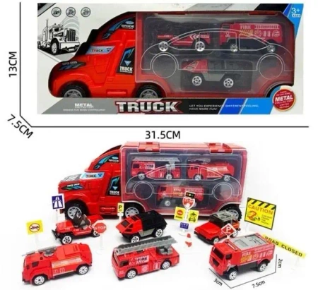 Cieżarówka transportowa straży pożarnej z autami - Merkpol
