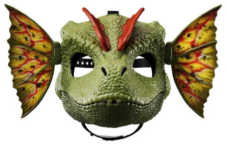 Mattel Jurassic World Dilophosaurus maska na twarz z dźwiękami, odgrywanie ról, funkcja strzelania d