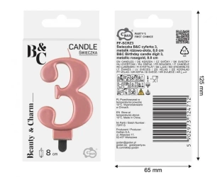 Świeczka B&C cyferka 3 metalik różowo-złota 8cm - Godan