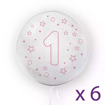 Balony z cyfrą "1" (6 sztuk), gwiazdki różowe