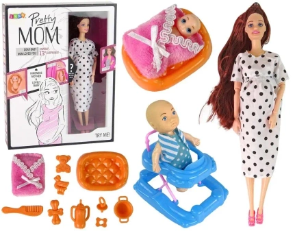 Lalka w ciąży długie włosy, akcesoria - Leantoys
