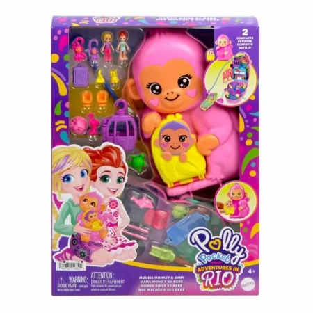 Polly Pocket. HWP04 Kompaktowa torebka. Małpka Rio z dzieckiem