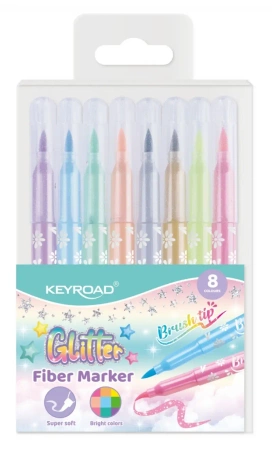 Flamastry KEYROAD Fiber Marker Glitter brokatowe 8 kolorów pastelowych