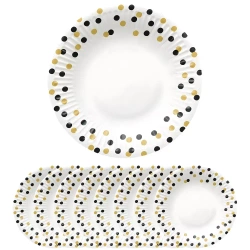Talerzyki papierowe 18 cm, złoto-czarne confetti (8 sztuk)