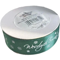 Wstążka satynowa Wesołych Świąt 25mm zielona - Titanum