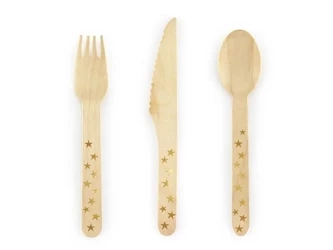 Sztućce drewniane Gwiazdki złote 16cm 18szt - PartyDeco