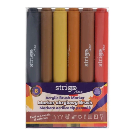 Strigo. Markery akrylowe trójkątne 6 kolorów. Końcówka Brush. Zestaw 6