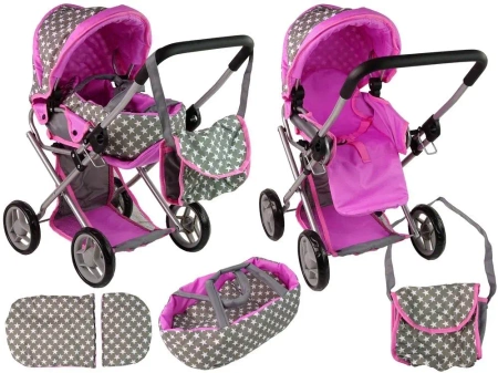 Wózek dla lalek spacerówka 2w1 szaro różowy - Leantoys