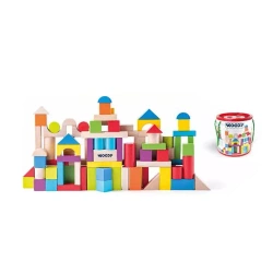 Klocki drewniane kolorowe i naturalne w wiaderku z pokrywką do sortowania kształtów 100 szt. 90905 Woody