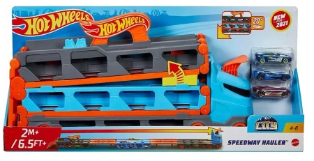 Hot Wheels. GVG37 City. Wyścigowy transporter 2w1 z 3 samochodami