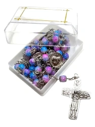 Różaniec niebiesko-różowy w pudełku ze świętymi - Art Sacrum