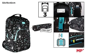 Plecak trzykomorowy czarny 32x12x38cm + piórnik - MP Main Paper