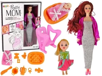 Lalka w ciąży długie włosy, akcesoria - Leantoys