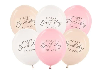 Balony Happy Birthday mix różowy 30cm 6szt - PartyDeco