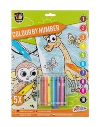 Koloruj po numerach Zestaw 5 arkuszy + kredki Zwierzęta - ICOM