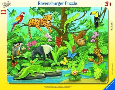 Puzzle 11 elementów. Co tu pasuje? Zwierzęta lasu deszczowego
