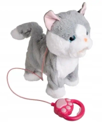 Pluszowy Kot interaktywny chodzący szary na smyczy - Norimpex