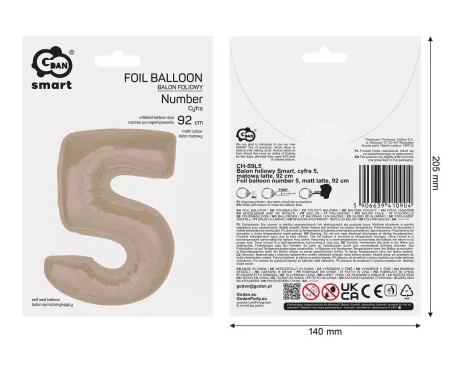 Balon foliowy Smart cyfra 5 matowa latte 92cm - Godan