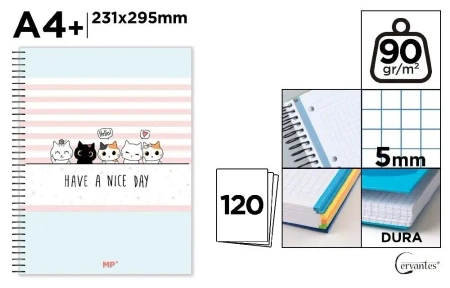 Notatnik A4+/120K kołowy kratka kotki - Cervantes