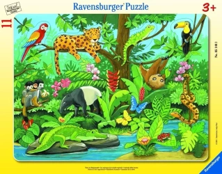 Puzzle 11 elementów. Co tu pasuje? Zwierzęta lasu deszczowego