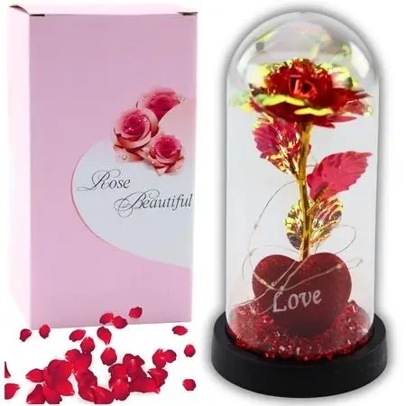Wieczna róża w szkle oświetlenie LED serce czerw - Leantoys