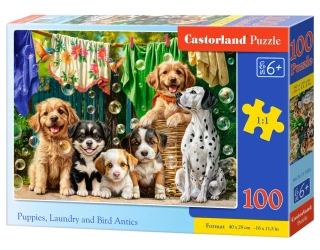 Puzzle 100 Puppies, Laundry and Bird Antics CASTOR - Castorland