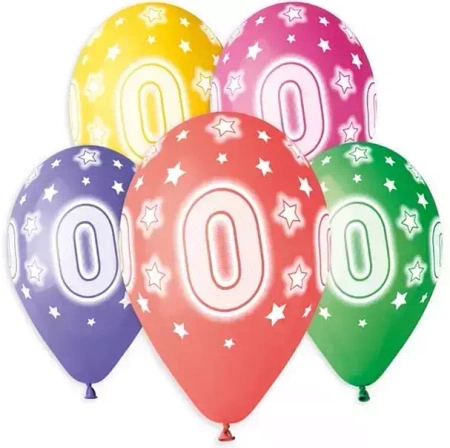 Balony lateksowe cyfra 0, gwiazdki (5 sztuk)