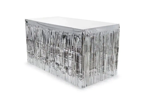 Skirting foliowy z frędzlami srebrny 300x80cm - PartyDeco