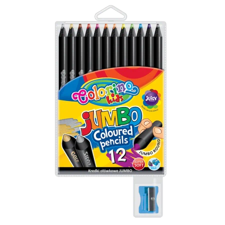 Kredki ołówkowe okrągłe jumbo Colorino Kids z temperówką czarne drewno 12 kolorów - PATIO
