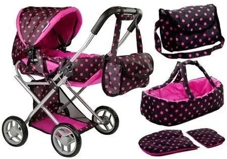 Wózek dla lalek Alice z nosidełkiem czarno-różowy - Leantoys