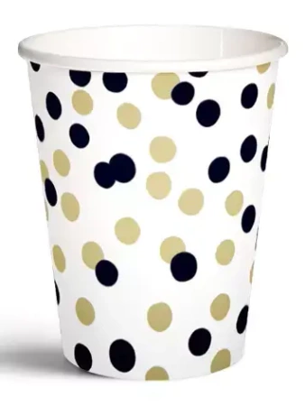 Kubki papierowe 250 ml, złoto-czarne confetti (8 sztuk)