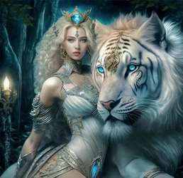 Diamentowa Mozaika Kobieta szafirowa królowa i biały tygrys NO-2000693 - Norimpex